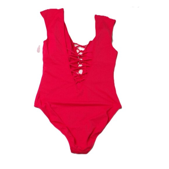 🆕 Bleu Rod Beattie Hole in One Cap Sleeve Lace Up One Piece Swimsuit 14 Red - Picture 6 of 6